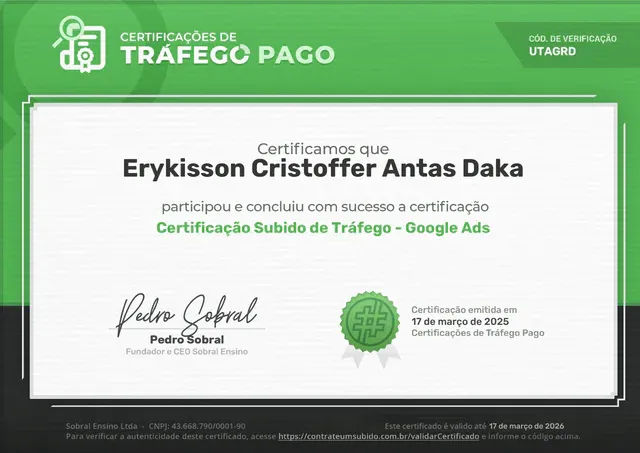 Certificado: Certificação Subido de Tráfego: Google Ads