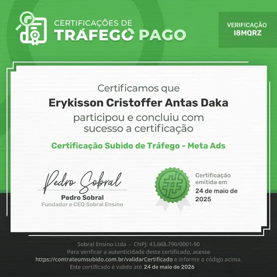 Certificado: Certificação Subido de Tráfego: Meta Ads