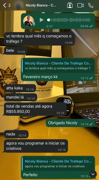 Conversa no WhatsApp com a cliente da marcenaria: total de vendas até agora R$ 55.950,00.