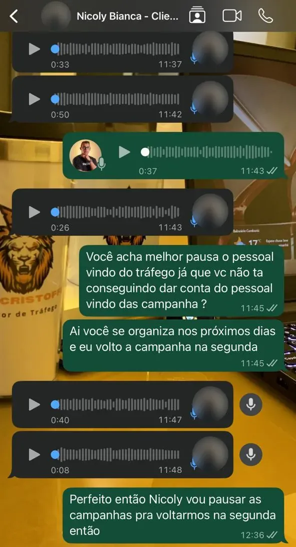 Conversa no WhatsApp com a cliente da marcenaria: as campanhas são pausadas porque ela não estava dando conta dos contatos.