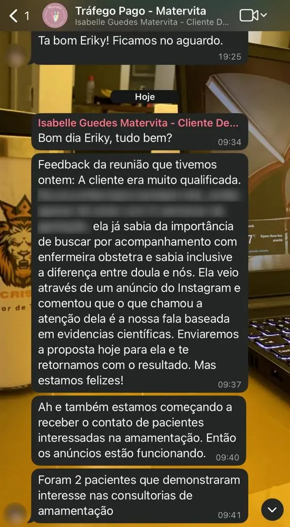 Mensagens da cliente no WhatsApp: a paciente veio por um anúncio do Instagram e os anúncios estão funcionando.